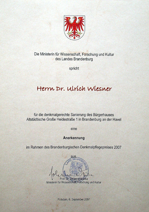 Scan: Urkunde zur Verleihung des Denkmalpflegepreises.